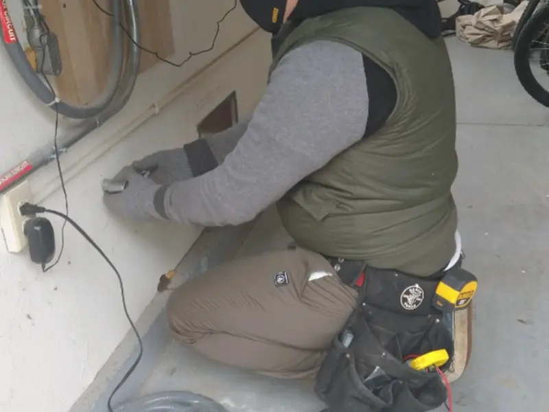 Electrician performing outlet wiring in a Deerfield garage